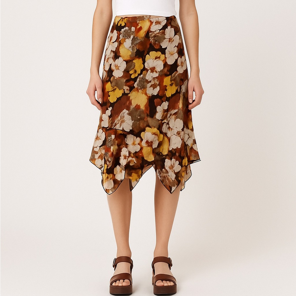 Vintage Y2K Easel Handkerchief Hem Floral Midi Skirt in Brown Made in USA Size M
